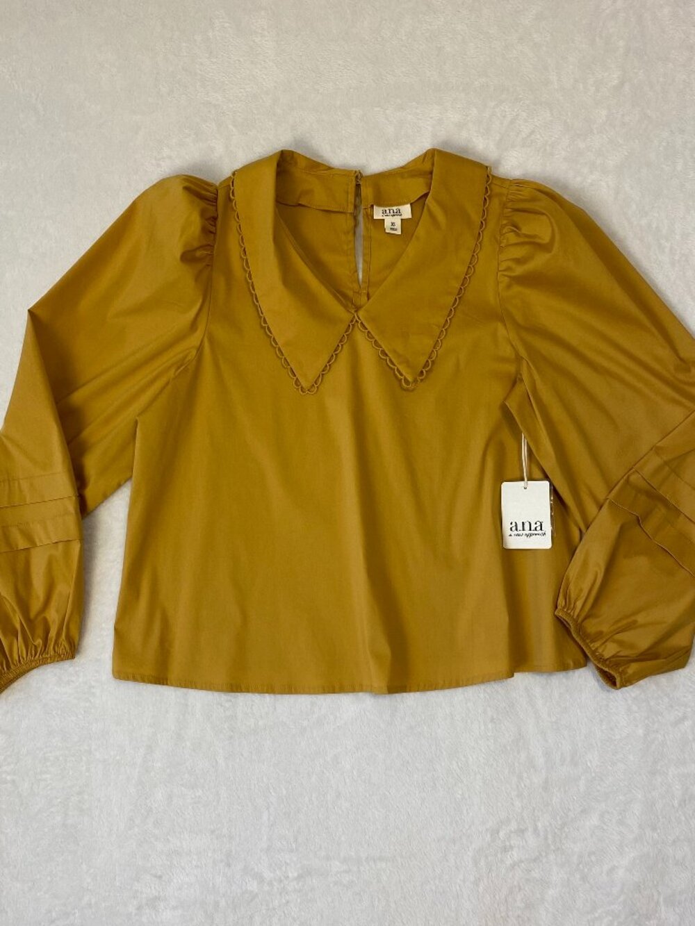 NWT Ana Mustard Peasant Blouse Long Puff Sleeve V-Neck Size XS